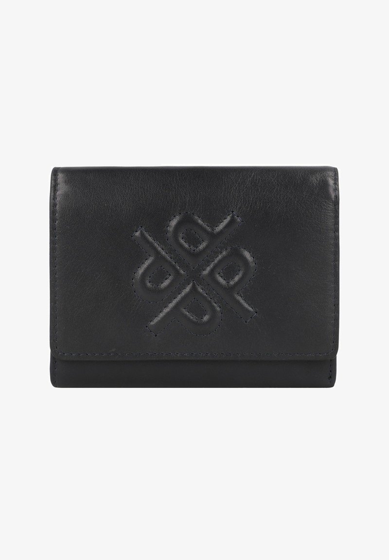 Schwarzes Lederportemonnaie mit gefaltetem Design, das eine geprägte Logo-Detailierung auf der Vorderseite und kontrastierende Nähte entlang der Kanten aufweist.