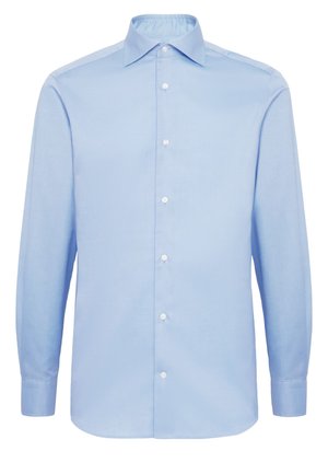 Light blue long-sleeved shirt made of smooth fabric with a pointed collar, front button closure, and buttoned cuffs. Even color throughout.