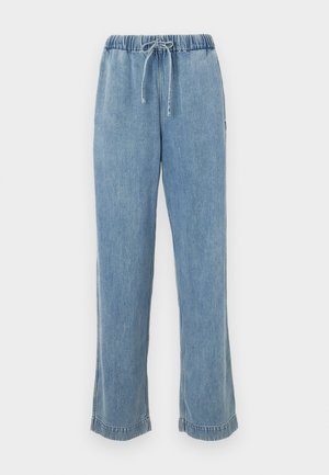 Light blue denim pants with an elastic waistband, drawstring, and rolled cuffs. Straight-legged design with a casual fit.