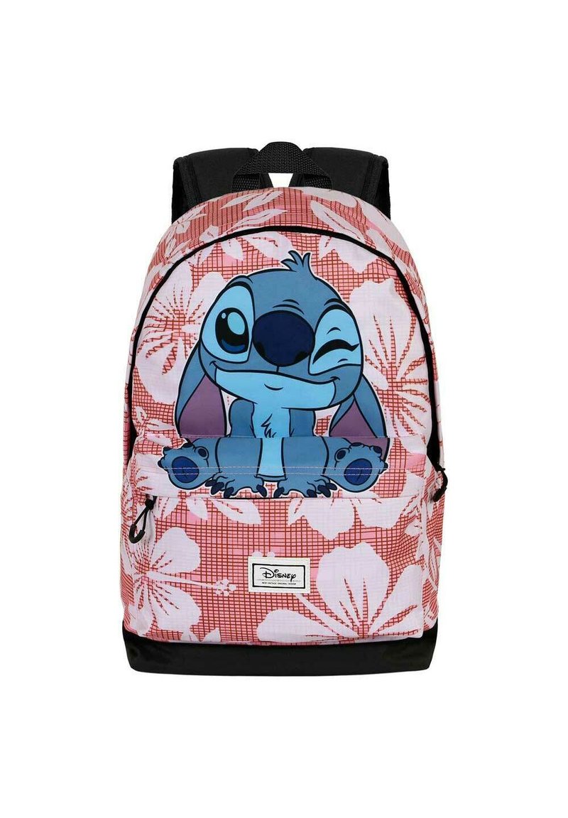 Mochila de Disney con un patrón floral rosa que presenta al personaje Stitch en azul. Tiene correas ajustables negras y un bolsillo frontal con cremallera.