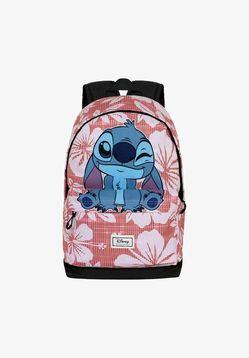 Mochila de Disney con un patrón floral rosa que presenta al personaje Stitch en azul. Tiene correas ajustables negras y un bolsillo frontal con cremallera.