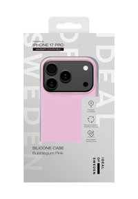 Siliconen telefoonhoesje voor iPhone 17 Pro in bubblegum roze, met uitsparingen voor camera's, een stevig ontwerp en MagSafe-compatibiliteit.