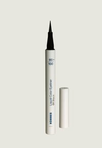Schwarzer flüssiger Eyeliner in einem weißen, stiftähnlichen Behälter. Verfügt über eine feine Spitze für präzise Anwendung und ist auf dem Körper mit "60+" und "100" gekennzeichnet.