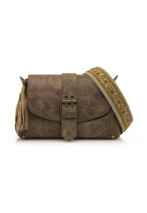 Borsa a tracolla in finta pelle marrone con finitura testurizzata, tracolla decorativa con ricami floreali e chiusura a fibbia frontale.