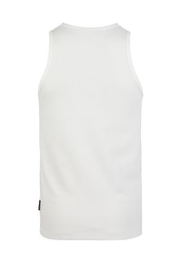 White sleeveless tank top with a textured, ribbed design. Smooth edges and a small label on the side. Classic round neckline.