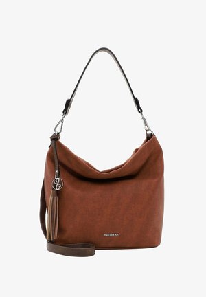 Borsa a spalla in tessuto marrone con design morbido. Presenta una tracolla staccabile, accessori in argento e un accento con nappina. Dimensioni: media.