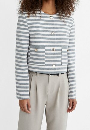 Femme portant une veste à rayures horizontales grises et blanches avec des boutons argentés et un pantalon plissé beige taille haute avec une ceinture noire.