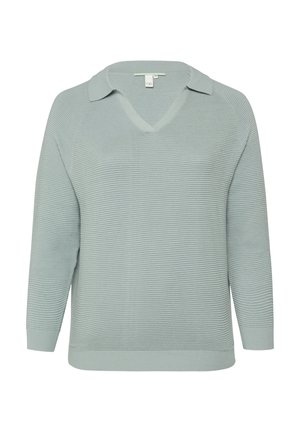 Hellgrüner Pullover mit V-Ausschnitt und Kragen, gerippter Textur, Dreiviertelärmeln und lockerem Schnitt.