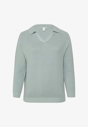 Hellgrüner Pullover mit V-Ausschnitt und Kragen, gerippter Textur, Dreiviertelärmeln und lockerem Schnitt.