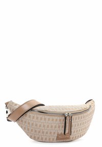 Borsa a vita in tessuto beige e tan con motivo, cinturino in pelle, chiusura a doppia zip e patch con logo Tamaris sul davanti.