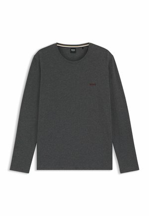 Graues Langarm-T-Shirt aus weichem Stoff. Mit Rundhalsausschnitt und dezentem rotem Logo auf der Brust. Einfaches Design ohne Muster.
