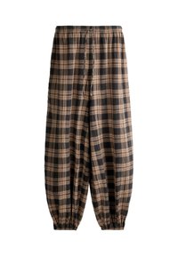 Pantalon ample avec taille et poignets élastiques, avec un motif à carreaux marron et noir.