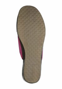 Suola delle scarpe con una parte superiore rosa e testurizzata e una parte inferiore in gomma con un motivo a rombi. Tacco piatto con indicazioni di taglia e bordi lisci.