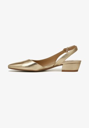 Gold metallic slingback shoe with a pointed toe, low block heel, and cut-out accents on the sides. Smooth texture throughout.