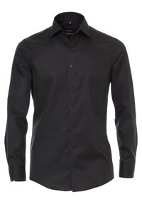 Black button-up shirt with long sleeves, made of smooth fabric. Features a standard collar and a row of black buttons down the front.