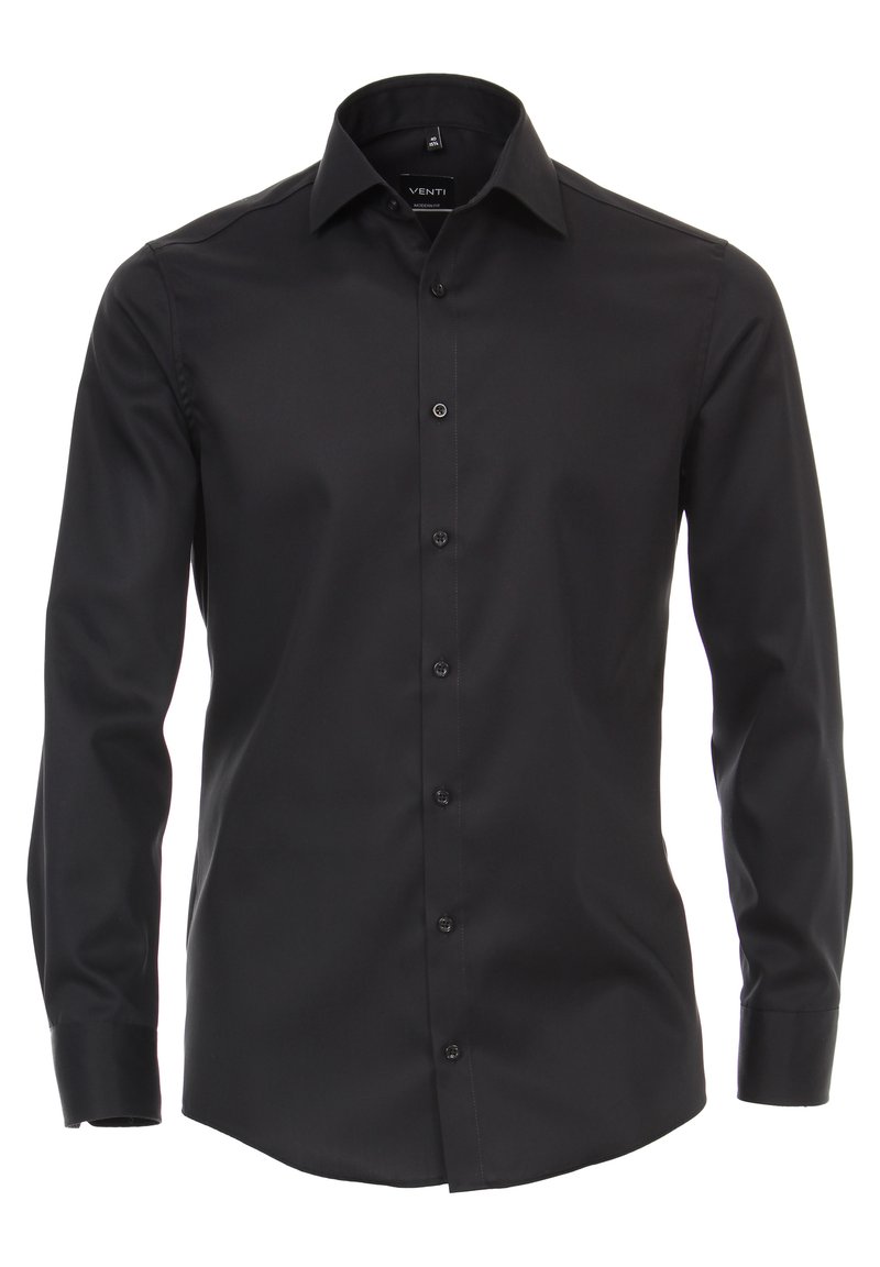 Black button-up shirt with long sleeves, made of smooth fabric. Features a standard collar and a row of black buttons down the front.