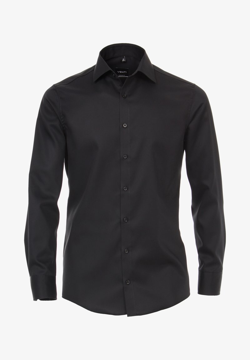 Black button-up shirt with long sleeves, made of smooth fabric. Features a standard collar and a row of black buttons down the front.