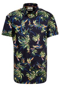 Kortærmet skjorte med en mørk navy baggrund og livlige grønne og tropisk mønstrede blade, lavet af letvægtsstof med knapper.