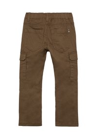 Bruine cargo-broek met een elastische tailleband, twee zijzakken en twee achterzakken. Stevige stof met een gladde textuur en rechte pijpen.