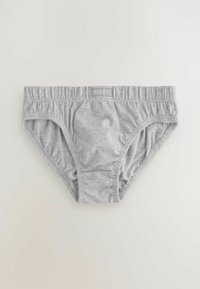 Graue Baumwollunterhosen mit gerafftem elastischen Bund und seitlichen Nähten, ausgestattet mit einem kleinen Etikett mit "NEXT" auf der Vorderseite.