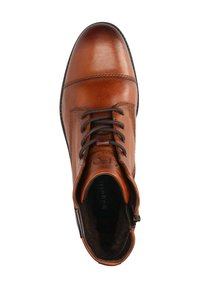 Braune Leder-Ankle-Boots mit runder Zehenform, Schnürung und dekorativen Nähten. Verfügt über eine strukturierte Sohle und ein Innenfutter. Markenlogo sichtbar im Inneren.