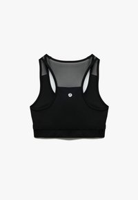 Schwarzer Sport-BH mit einem Mesh-Rücken, Racerback-Design und einem runden Logo auf der Vorderseite. Hergestellt aus feuchtigkeitsableitendem Material. Ohne Polsterung.