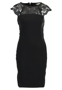 Schwarzes Kleid mit Spitzen-Ärmeln, tailliertem Schnitt, glattem Stoff, Reißverschluss auf der Rückseite und seitlichen Akzenten.