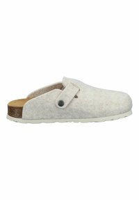 Light gray slip-on clog with adjustable strap and cork footbed, featuring a white textured sole and round metal button detail.