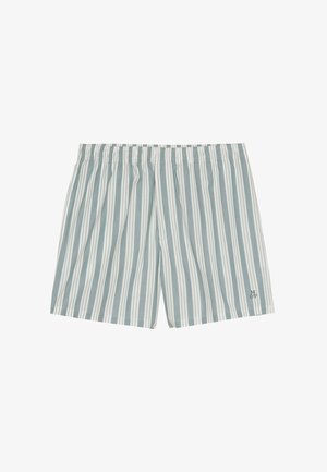 Pasiasta para krótkich spodenek w jasnym niebieskim i białym kolorze, wykonane z miękkiego materiału. Posiadają elastyczny pasek w talii oraz mały detal z logo na dole.