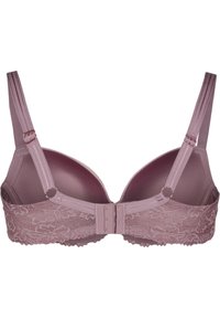 Reggiseno in pizzo e tessuto liscio in morbido malva. Presenta spalline regolabili, una chiusura a gancio e occhiello e un design delle coppe imbottite sagomate.