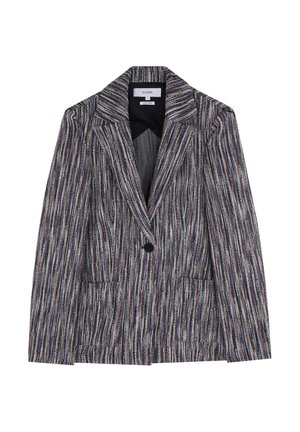 Gestreifter Blazer aus mehrfarbigem Stoff, mit einem Reverskragen, einem einzelnen Knopfverschluss, zwei vorderen Taschen und einem strukturierten, gewebten Aussehen.
