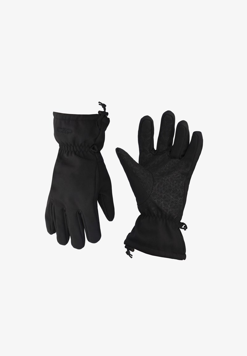 Sorte handsker med et blødt yderstof, elastiske manchetter og strukturerede grebsmønstre på håndfladerne for forbedret greb under forskellige betingelser.