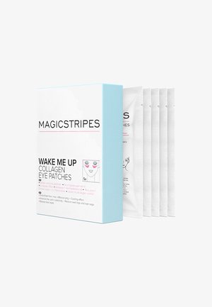 Collage-oogpatches in een teal doos met roze tekst. Bevat vijf afzonderlijk verpakte patches. Gladde oppervlak, geen zichtbare patronen.