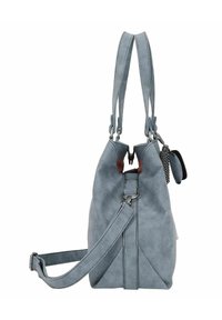 Borsa a mano in similpelle azzurro chiaro con doppio manico, chiusura con zip e portachiavi removibile. Presenta una superficie testurizzata e dettagli di cucitura.