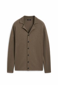 Cardigan marron à manches longues avec boutons, col, encolure côtelée et six boutons noirs à l'avant.