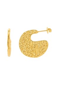 Orecchini in oro, con texture, dalla forma curva e astratta. Presentano una superficie martellata e chiusura a perno. La vista laterale mostra lo spessore.