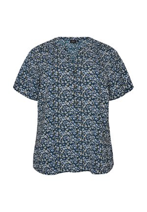 Granatowa bluzka z krótkim rękawem, ozdobiona drobnym białym i żółtym kwiatowym wzorem, z dekoltem w kształcie litery V.