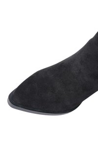 Stivale alla caviglia in suede nero con punta affilata e silhouette elegante. La texture liscia e il design minimalista ne esaltano l'aspetto sofisticato.