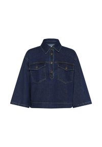 Temno modra skrajšana denim jakna z širokimi rokavi, sprednjim zapenjanjem na gumbe, koničnim ovratnikom in dvema žepoma na prsih z zaponkami.