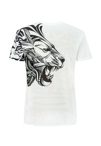 White short-sleeve t-shirt featuring a large black lion graphic on the back with intricate detailing, curved lines, and tribal patterns.