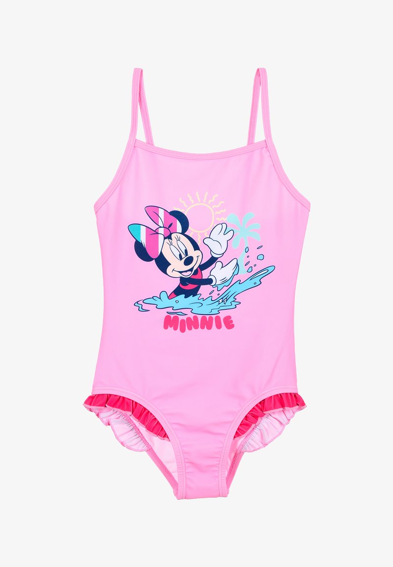 Rosa Einteiler-Badeanzug mit einem Grafikdruck eines Cartoon-Charakters auf einem Surfbrett, mit Rüschenakzenten an den Trägern und Beinen.
