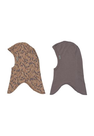 Deux cagoules pour enfants côte à côte, une marron avec motif de feuilles et une grise unie, toutes deux avec des rabats de cou prolongés.