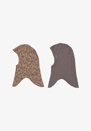 Deux cagoules pour enfants côte à côte, une marron avec motif de feuilles et une grise unie, toutes deux avec des rabats de cou prolongés.