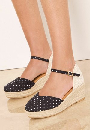 Füße, die schwarz-weiß gepunktete Keil-Espadrilles mit Knöchelriemen und geflochtenem Absatzdetail auf einem glatten Boden tragen.