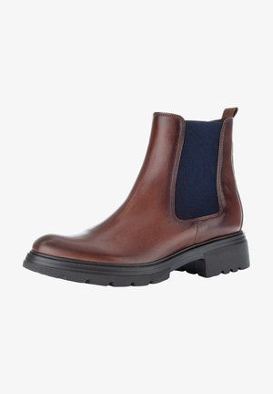 Brązowe skórzane botki Chelsea z granatowym elastycznym panelem bocznym, okrągłym noskiem i teksturowaną czarną gumową podeszwą dla lepszej przyczepności.