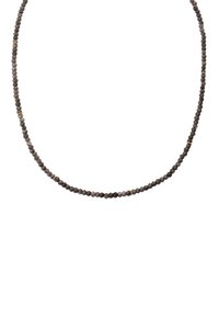 Naszyjnik z koralików z ciemnymi kamieniami szlachetnymi i złotymi przekładkami, prosty design oraz gładka tekstura w formie ciągłej nici.