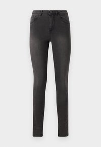 Musta slim-fit farkut, joissa on korkea vyötärö, kaksi etutaskua ja hienovarainen haalistuminen jaloissa.