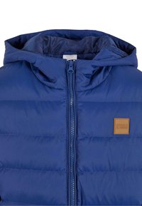 Giacca puffer blu con cappuccio rimovibile, design a righe orizzontali, chiusura frontale con zip e un'etichetta in pelle marrone.