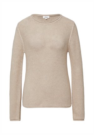 Beige gestrickter Pullover mit langen Ärmeln, Rundhalsausschnitt, strukturiertem Muster und lockerer Passform. Rippbündchen an den Ärmelenden und am Saum.