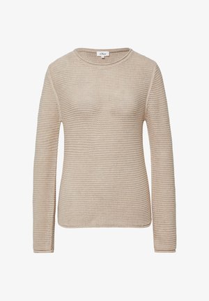 Beige gestrickter Pullover mit langen Ärmeln, Rundhalsausschnitt, strukturiertem Muster und lockerer Passform. Rippbündchen an den Ärmelenden und am Saum.